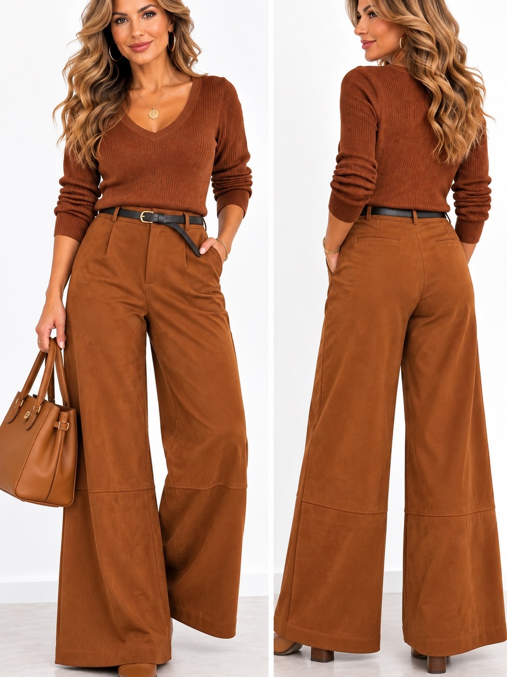 211.NWT Suede Wide-Leg High-Waist Womens Pants in Brown